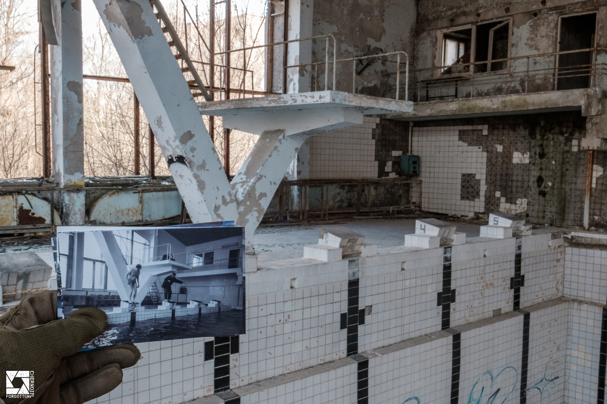 Pripyat Swimming Pool Before and After the Chernobyl Accident