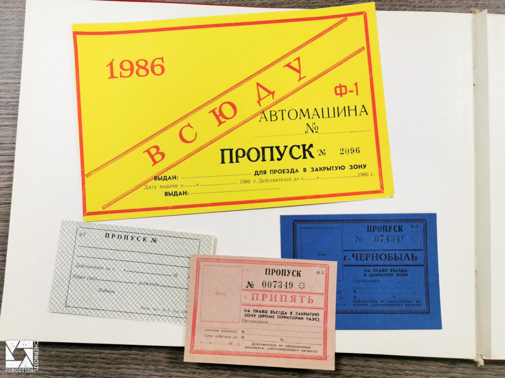 Blank permits allowing entry to Chernobyl and Pripyat. The large yellow card is for vehicles.