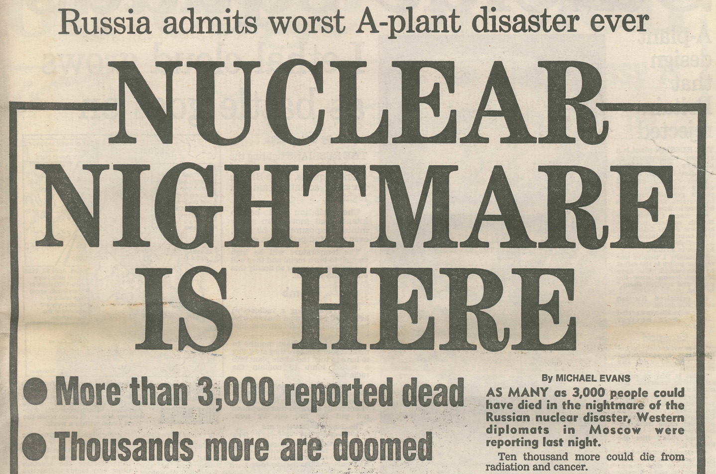 Chernobyl coverage in Daily Express from 30 April 1986